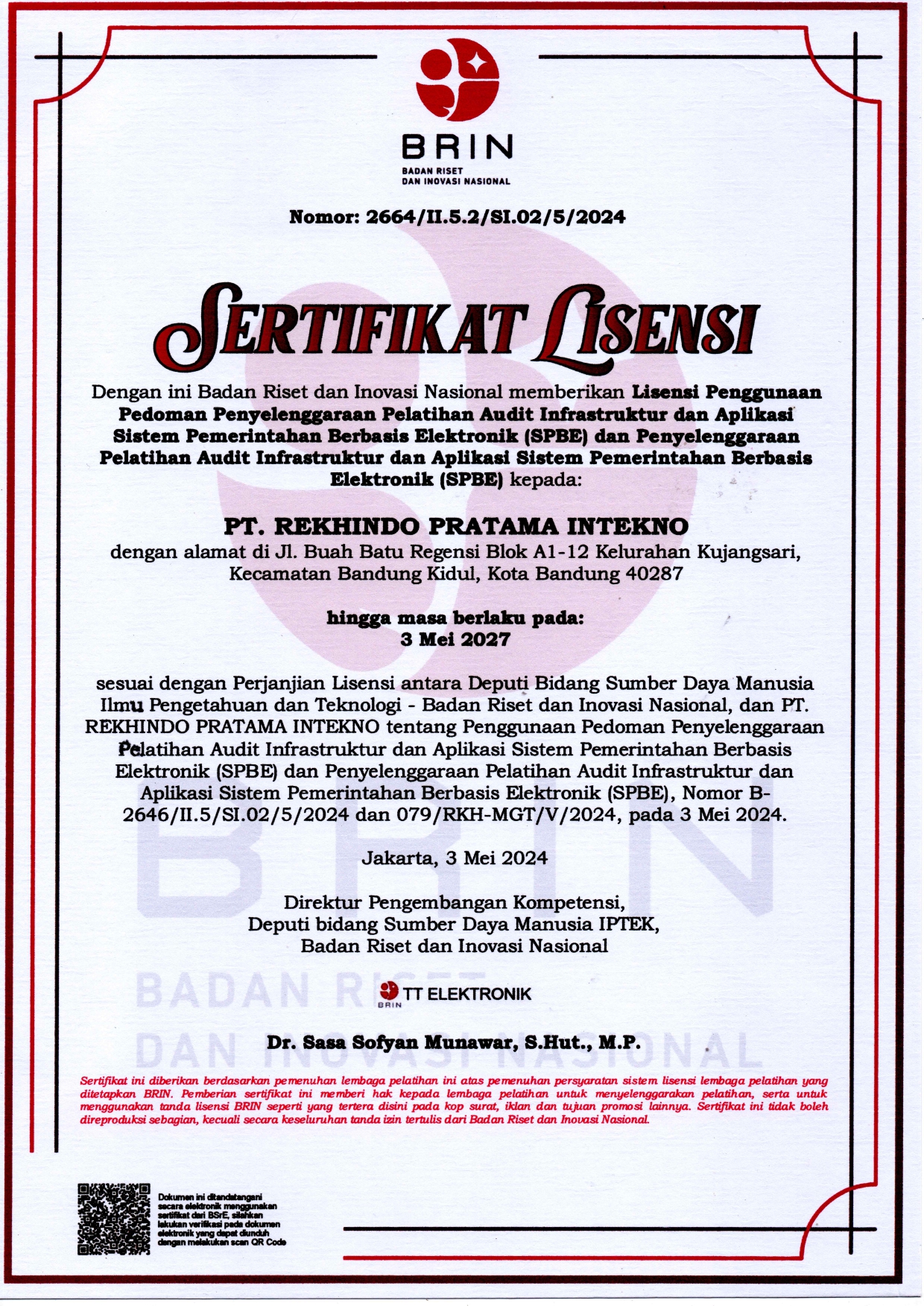 sertifikat lisensi SPBE Rekhatama